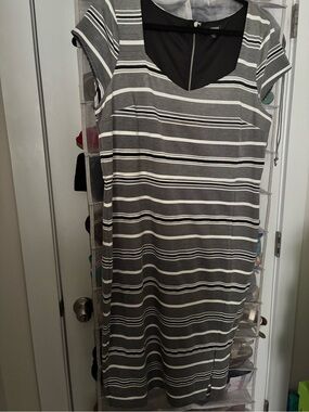 Express Gray & White Striped Midi Dress with Scoop Neck